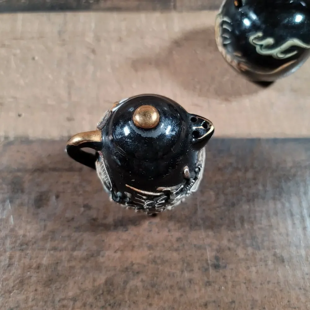 Vintage Dragon Moriage Salt & Pepper Set Tea Kettle Tea Pot Black Glaze Red Clay